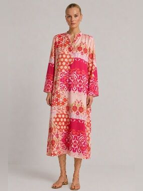 Natori Size Large Pink and Orange Floral Patchwork Maxi Dress Long Sleeve Mumu